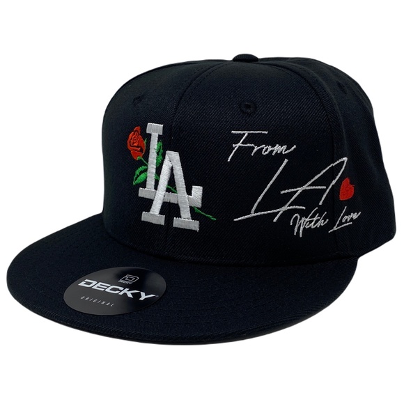 Los Angeles (w/Love) LA Rose Rosa With Love Heart Snapback Hat Cap All Black - Picture 2 of 8